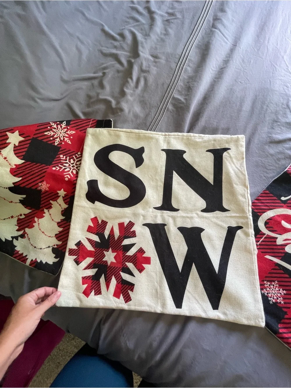 Holiday 'SNOW' Decorative Pillow Cover Set - Red, Black, White Three